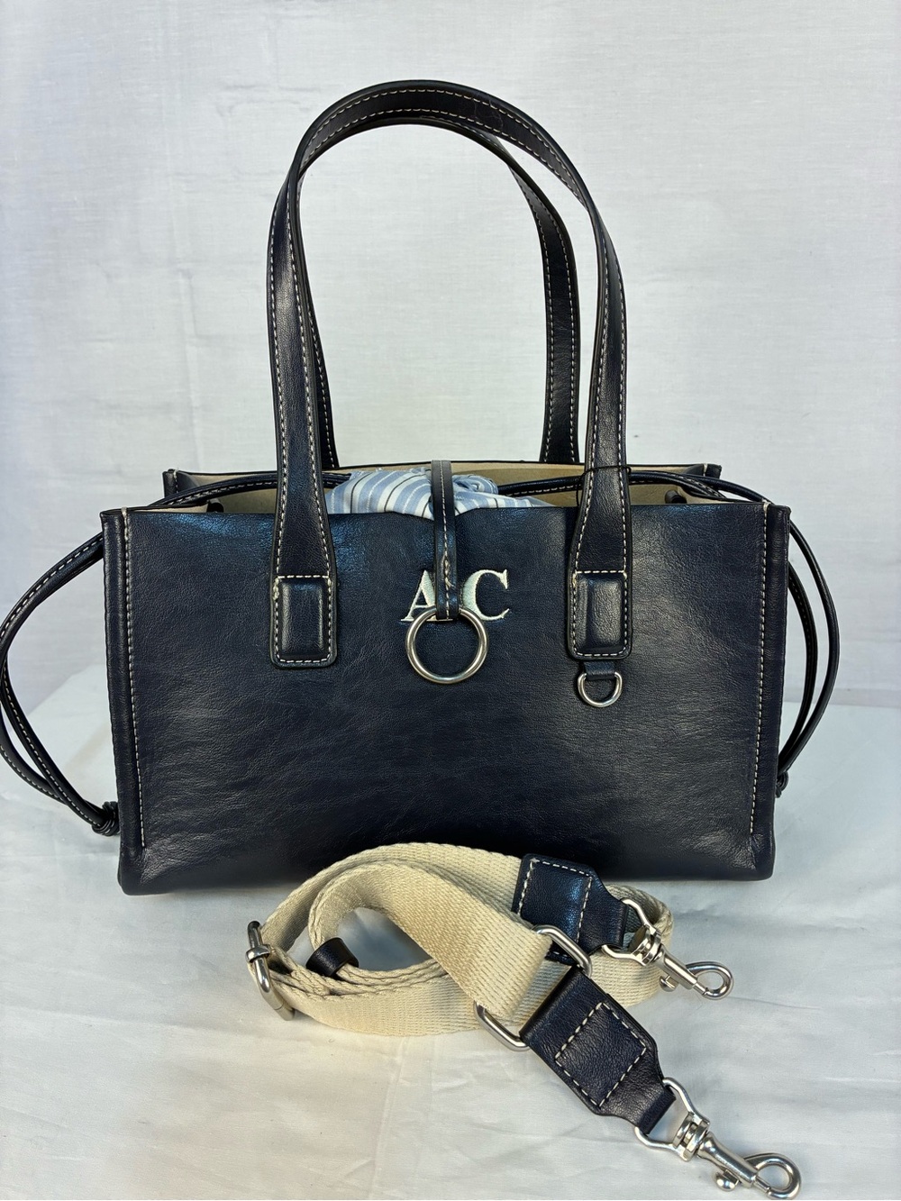 NWT Zara Navy O-Ring Shopper Bag Monogrammed